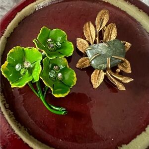 Vintage 1960s Green Enamel Flower Brooch and BSK Gold Leaf w Green Stone
